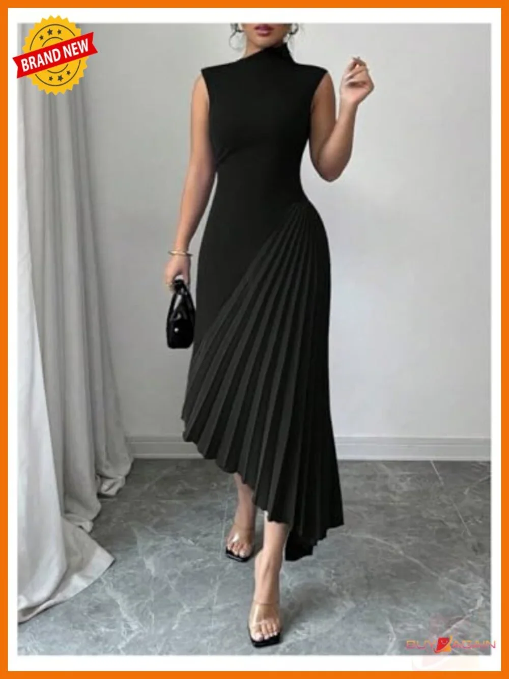 Pleated Maxi Dress Mock Neck Sleeveless Asymmetrical Cocktail